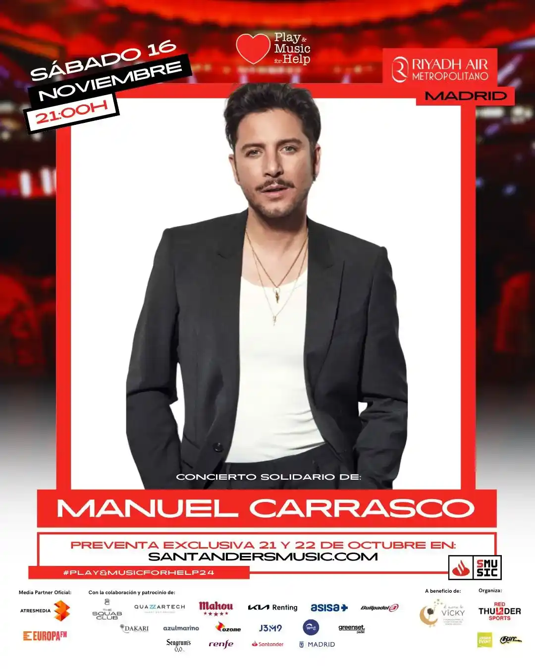 cartel anunciando el concierto de manu carrasco en diciembre de 2024 en dond quazzatech es patrocinador