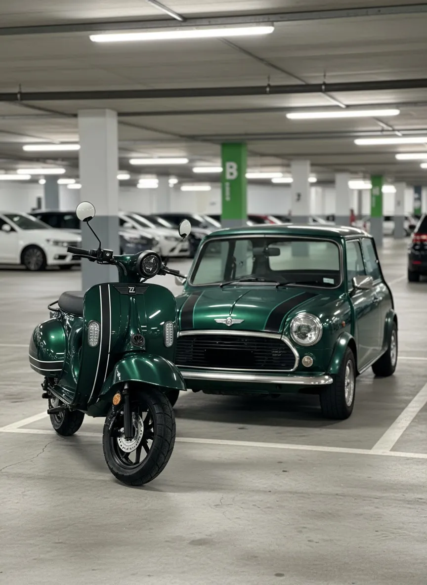 moto quazzar british edition con un coche clasico mini