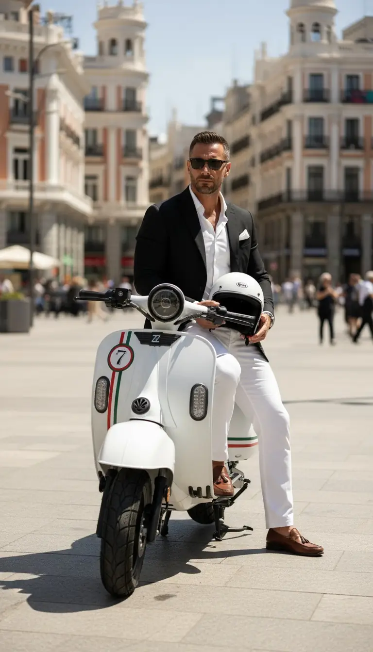 un hombre de 40 años esta sentado en su moto Scooter eléctrico diseño italiano personalizada quazzar de color blanco modelo la dolce 7