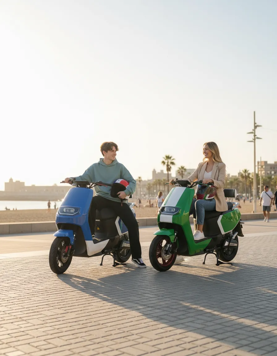 dos scooters electricos 49 personalizados de la marca quazzar con sus dos dueños posando en el paseo maritimo de barcelona