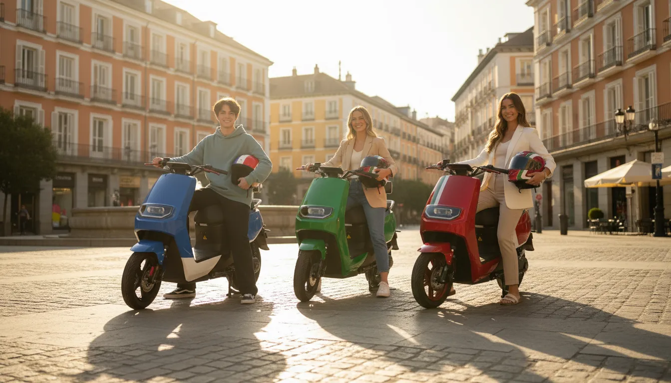 chicos jovenes enseñando sus scooter eléctricos 49 personalizados de la marca quazzar en una plaza de madrid