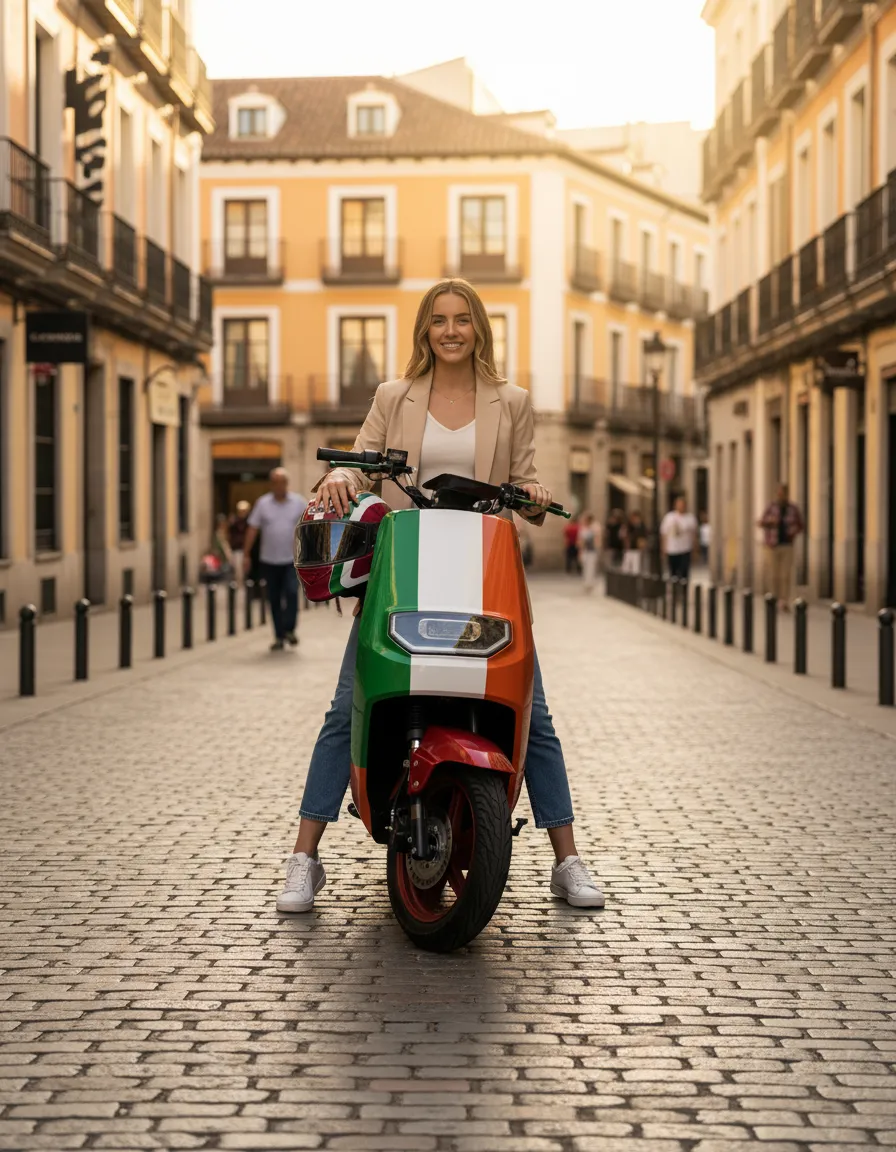 scooter eléctrico 49 personalizado con su propietaria una chica joven en una calle de madrid