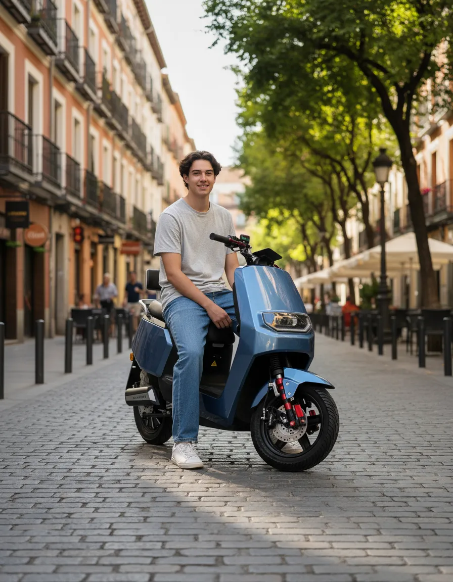 chico joven enseñando su scooter eléctricos 49 personalizados de la marca quazzar en una calle de madrid