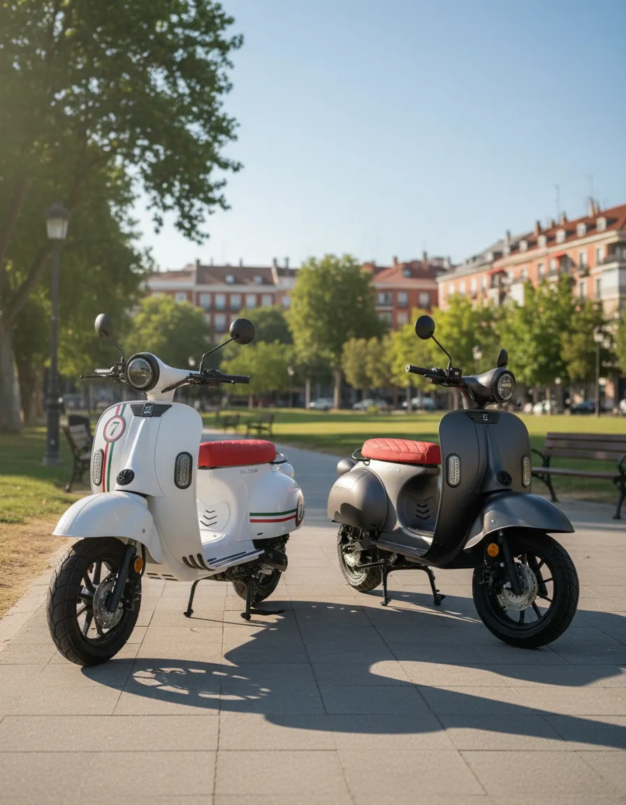 scooter eléctrico 125 personalizada para adultos de quazzar aparcadas en un parque