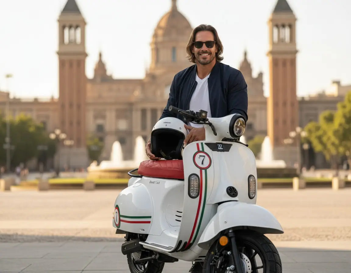 un usuario posa con su moto eléctrica personalizada quazzar modelo edivine la dolce vita en una plaza de barcelona