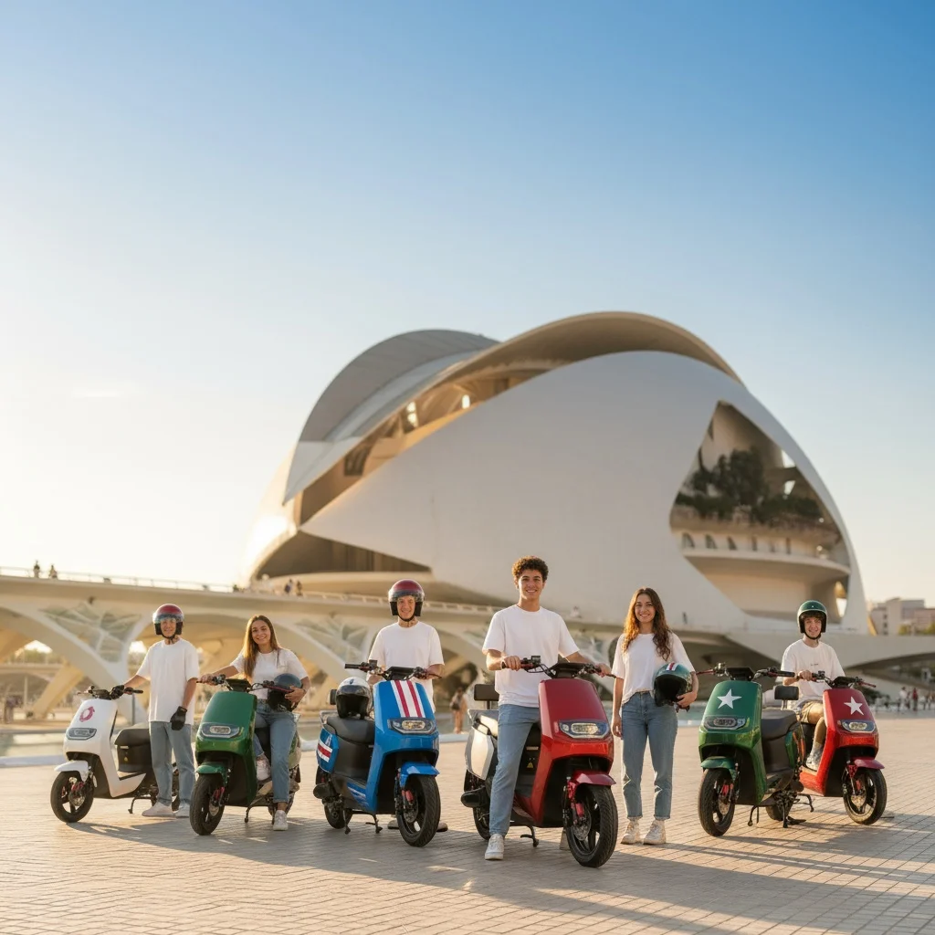 un grupo de chicos con sus scooter eléctricos 49 personalizadas el museo de las artes y las ciencias de valencia