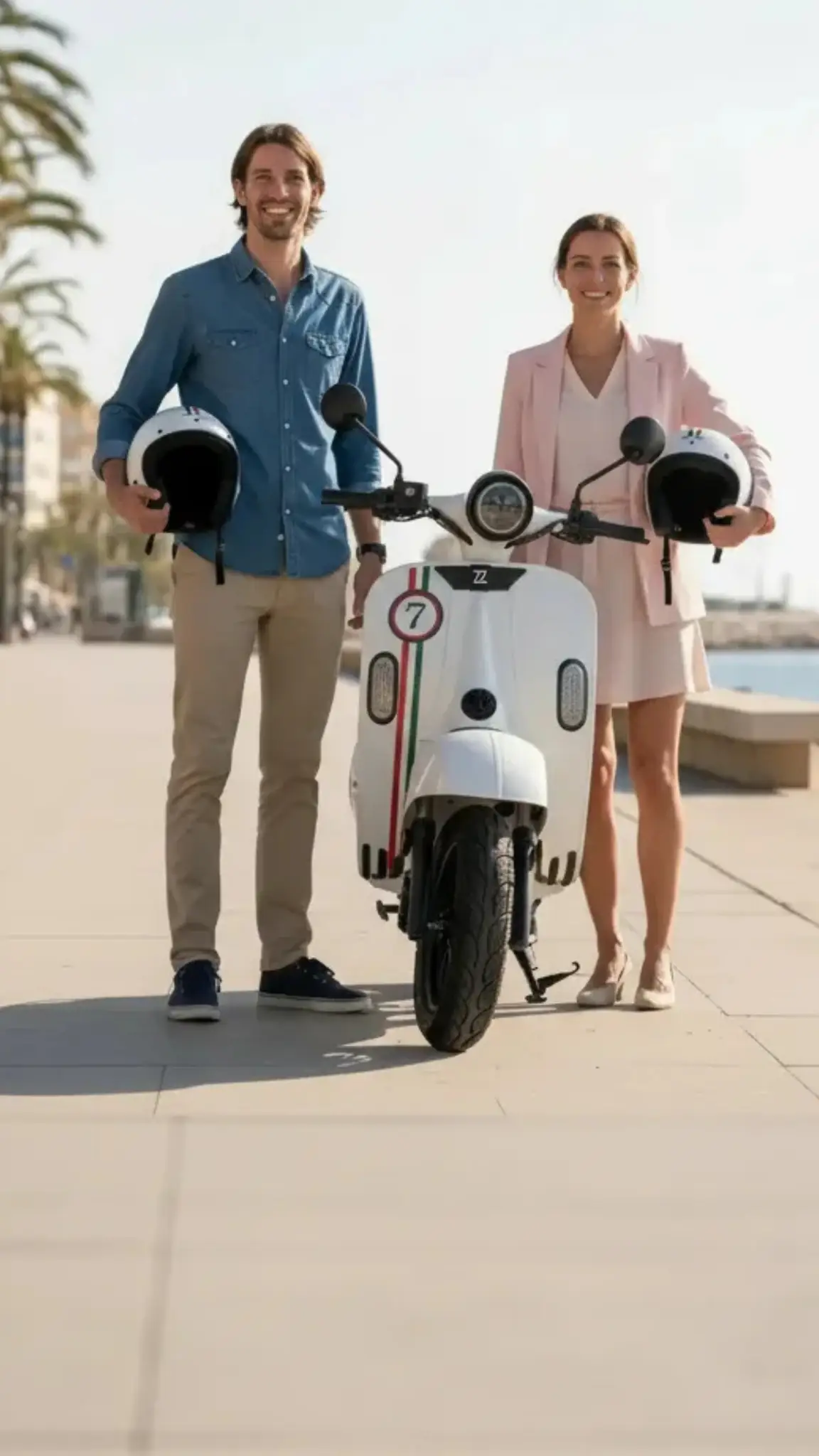 pareja con Scooter eléctrico diseño italiano 125 retro Quazzar paseando por el paseo marítimo pareja con scooter eléctrico italiano 125 retro Quazzar paseando por el paseo marítimo pareja con scooter eléctrico italiano 125 retro Quazzar paseando por el paseo marítimo