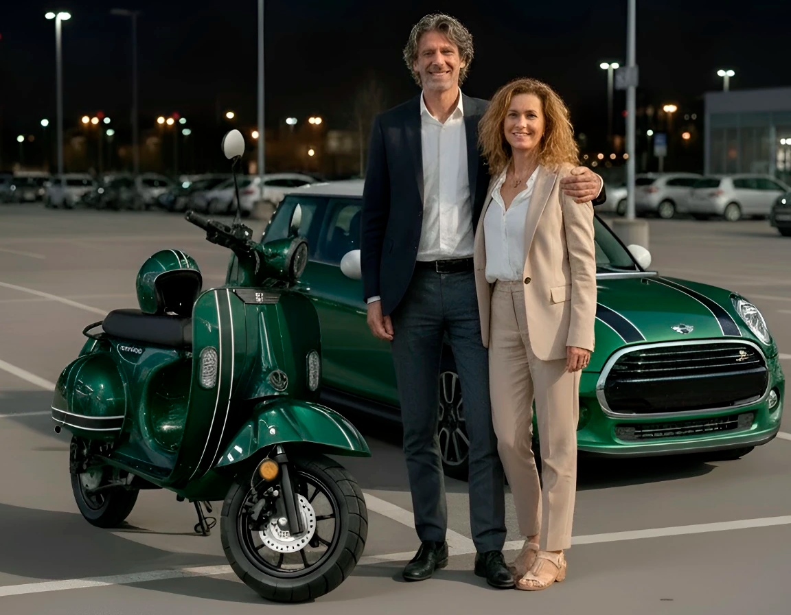 una pareja muestra la moto electrica personalizada 125 quazzar british edition junto con su coche mini