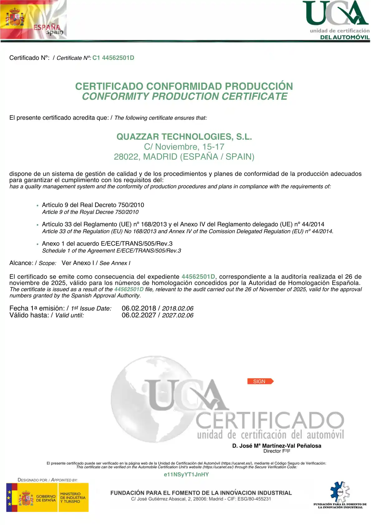 certificado UCA por el cual Quazzar Tecnologies es una fabrica homologada por el Ministerio de Industria de España