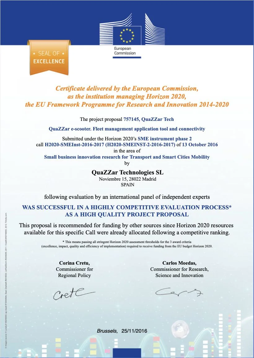 certificado de excelencia europea concedido por la comunidad europea